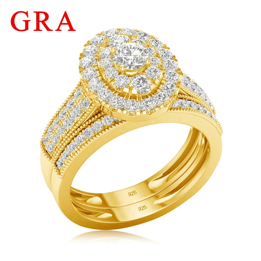 2PCS Moissanite Engagement Rings Set For Women Yellow Gold Bridal Jewelry With Certificate Luxury Couple Gifts On Sale