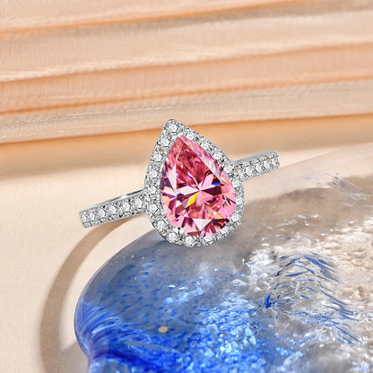 2ct Pink Moissanite Pear Ring For Women, 100% Sterling Silver 925 Wedding Promise Diamond Jewelry Gift